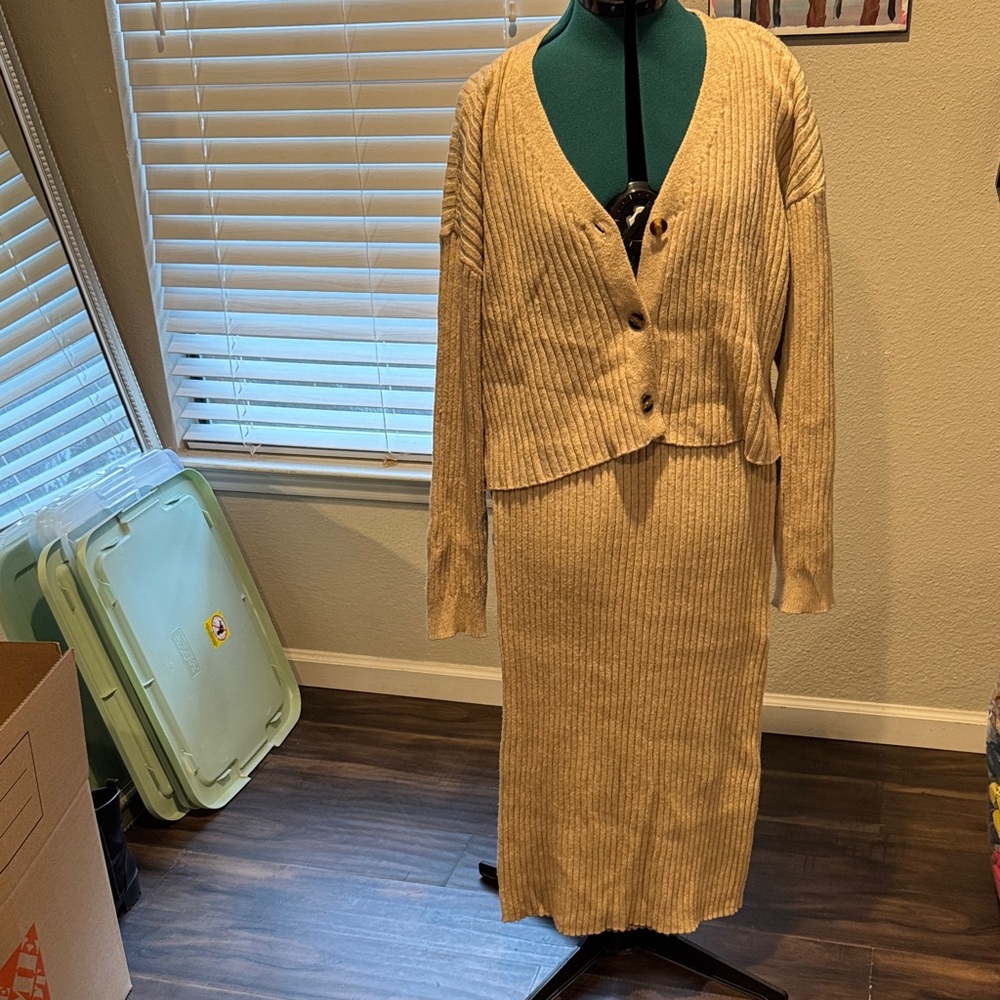 Ribbed Knit Two-Piece Skirt Set in Mustard Yellow